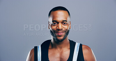 Buy stock photo Fitness, portrait and smile of black man on studio space for exercise, health or wellness. Athletic, gym and healthy with confident coach or personal trainer isolated on gray background mockup