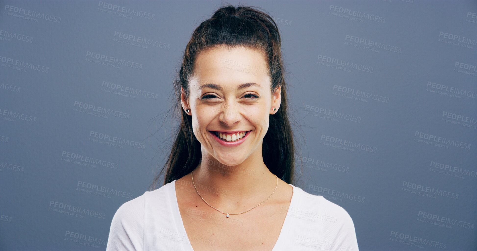 Buy stock photo Smile, woman and portrait of teacher in studio with pride for tutor career for education. Happy, confident and female educator at elementary school from London with knowledge by gray background.