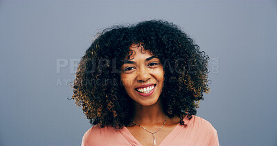 Buy stock photo Portrait, African woman and smile in studio with ambition, creative career and about us as designer. Happy, female person and pride, internship organization and friendly attitude on gray background