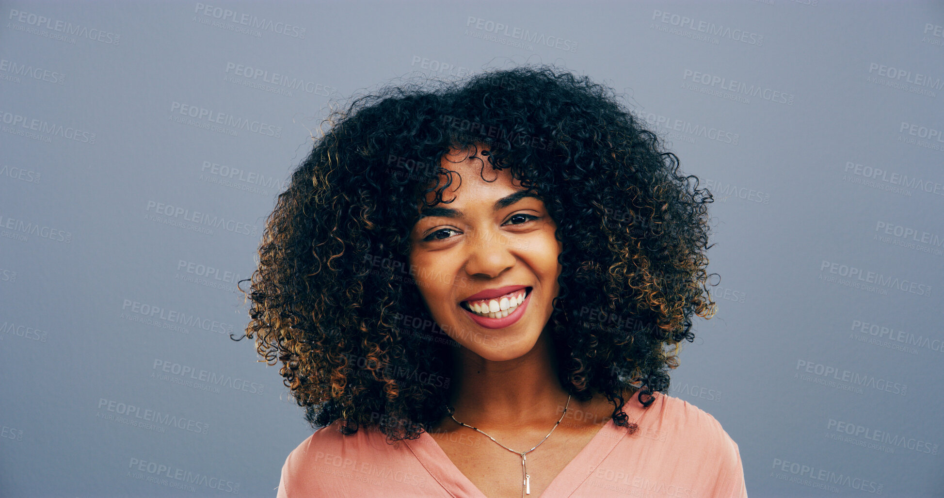 Buy stock photo Portrait, African woman and smile in studio with ambition, creative career and about us as designer. Happy, female person and pride, internship organization and friendly attitude on gray background