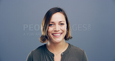 Buy stock photo Confident, woman and happy for portrait in studio with ambition, creative career and designer job. Smile, female person and about us pride, intern opportunity and friendly attitude on gray background