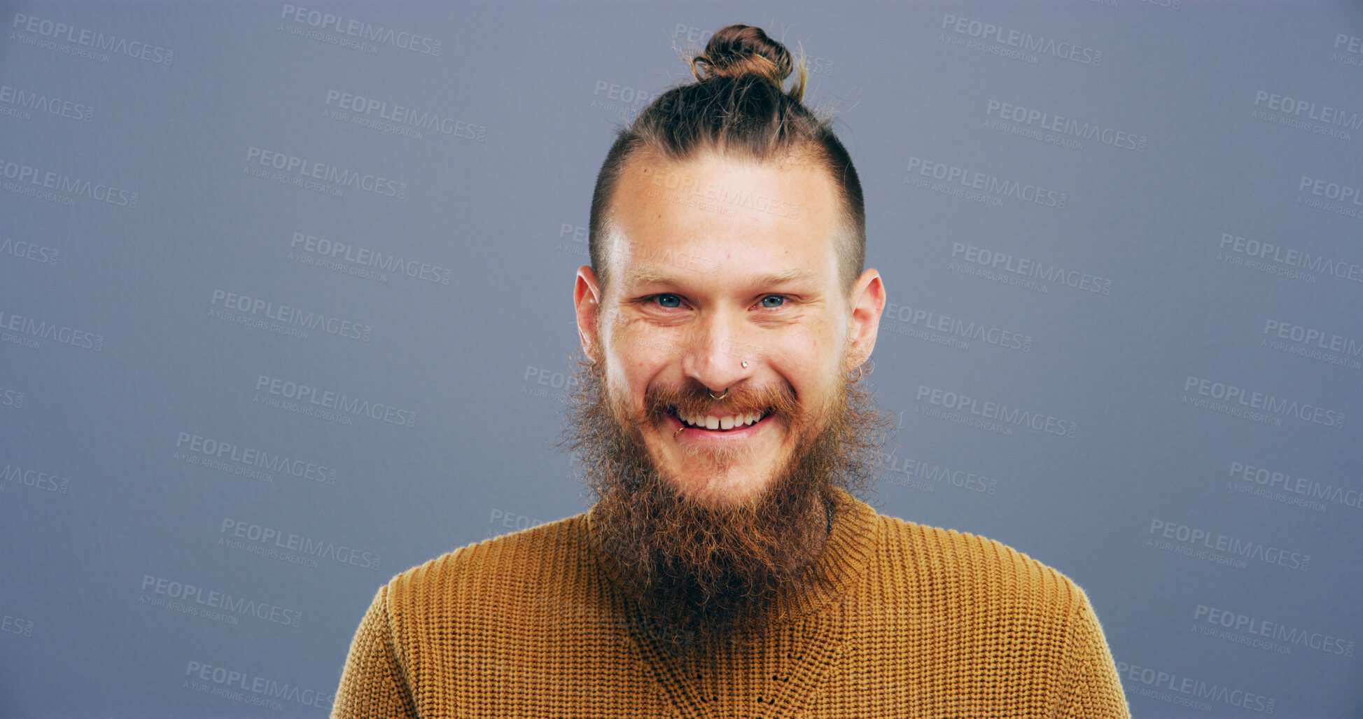 Buy stock photo Studio, business and creative with portrait of man with smile for storyboard artist, inspiration and talent. Happiness, pride and comic designer with person on gray background for confidence and joy