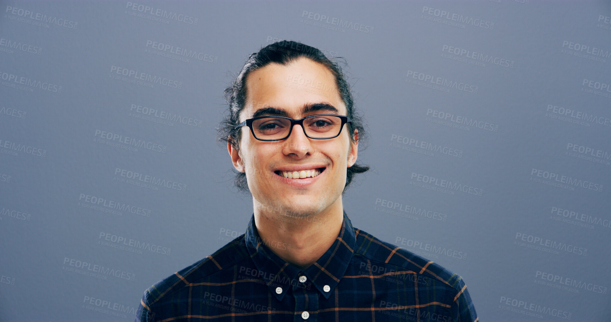 Buy stock photo Smile, business and glasses with portrait of man in studio for storyboard artist, inspiration and talent. Happiness, pride and comic designer with face of person on background for confidence and joy