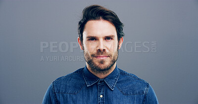 Buy stock photo Confidence, portrait and man in studio with positive mindset for creative, career growth and business. Writer person, freelancer and professional  with gray background, mockup space and entrepreneur