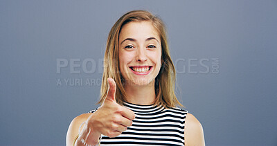 Buy stock photo Thumbs up, smile and yes with portrait of woman in studio for approval, success and feedback. Like emoji, sign and agreement with person on gray background space for vote, symbol and promotion icon