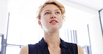 Thinking, writer and woman with ideas, business and inspiration for story in creative agency or planning. Contemplating, editor and thoughtful for project in office, wondering or person with deadline