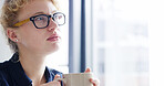 Thinking, glasses and woman with coffee, office and inspiration for story in creative agency or plan. Contemplating, editor and thoughtful for project on break, business or person with tea in morning