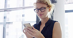 Business, smartphone and woman in office, internet and connection with social media, copywriting and glasses. Person, email or journalist in workplace, cellphone and eyewear with research for article
