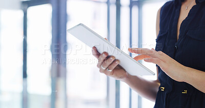 Buy stock photo Business woman, hands and browsing with tablet at office for online news, research or schedule. Closeup, female person or web designer with technology for UI, UX or app interaction at workplace