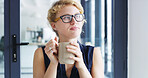 Daydreaming, creative and woman with coffee, business and planning for project in agency or thinking. Contemplating, writer and thoughtful for novel in office, break and person with tea in morning