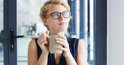 Buy stock photo Daydreaming, creative and woman with coffee, business and planning for project in agency or thinking. Contemplating, writer and thoughtful for novel in office, break and person with tea in morning