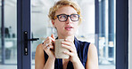 Thinking, confused and woman with coffee, business and planning for project in agency or daydreaming. Contemplating, writer and thoughtful for novel in office, tea and person with glasses in morning