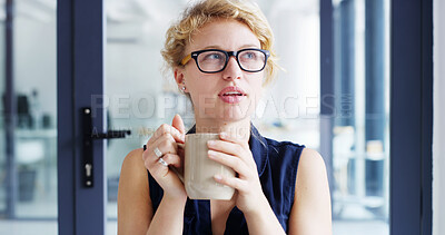 Buy stock photo Thinking, vision and woman with coffee, business and planning for project in agency or daydreaming. Contemplating, writer and thoughtful for novel in office, tea and person with glasses in morning