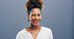 Wink, african and portrait of woman in studio for secret, agreement and support gesture. Happiness, feedback and thank you with female person on background for review, achievement and well done sign