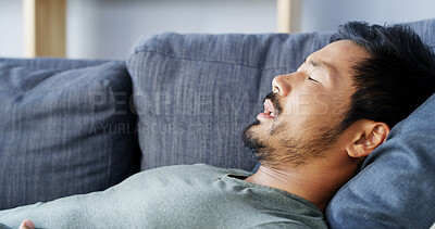 Buy stock photo Tired, Asian man and sleeping at house with dream, weekend break and burnout for nap wellness. Asleep, male person and fatigue with exhaustion, overworked and comfort of stress relief for self care