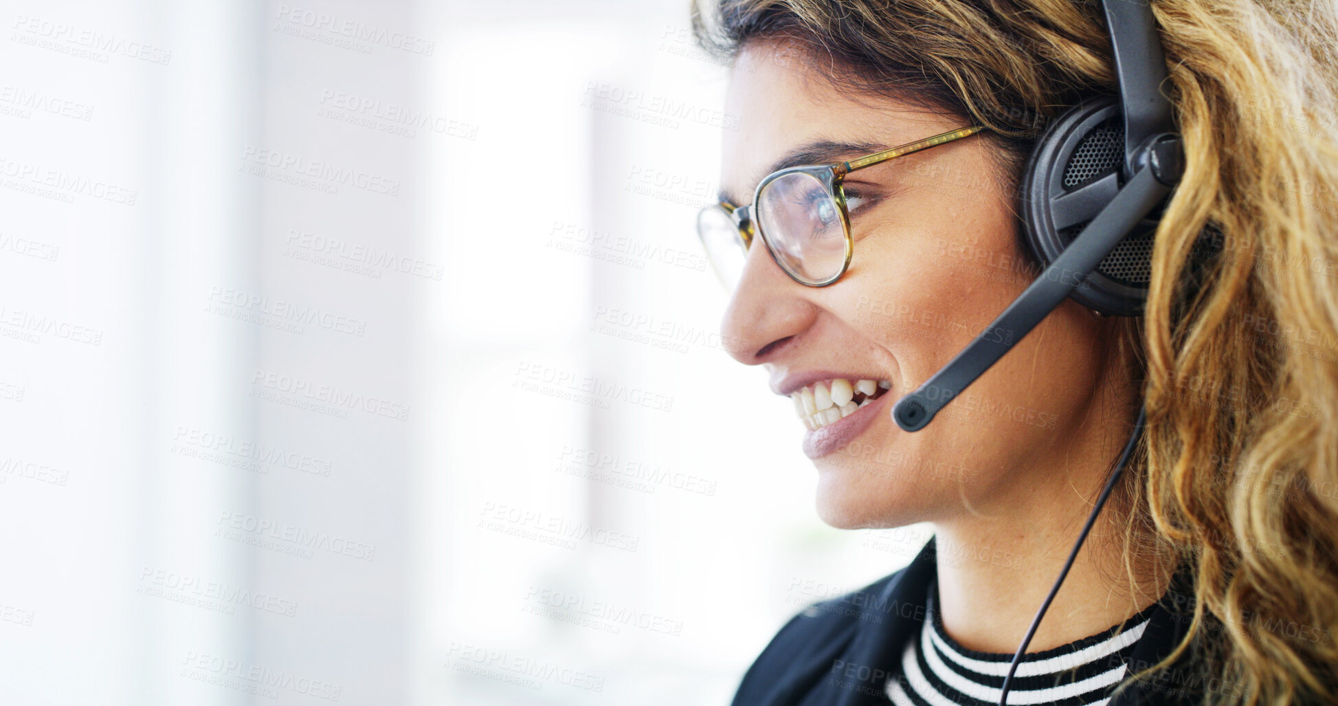 Buy stock photo Consultant, happy and woman with microphone in call center for customer service, product advice and FAQ. Telemarketing, space and person with headset for inbound query, lead generation and assistance