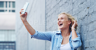 Buy stock photo Selfie, happy and woman in city laugh with smile for social media, online post and profile picture. Excited, influencer and person take photo for memories on holiday, vacation and weekend in town 
