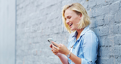 Buy stock photo Happy, phone and woman in city laugh at joke, social media and internet post in urban town. Space, mobile app and person on cellphone for online message, text and chat for connection on weekend