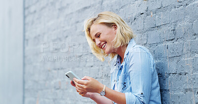Buy stock photo Happy, phone and woman in city laughing at joke, social media and internet post in town. Relax, street and person on cellphone for online message, text and chat on holiday, weekend and vacation
