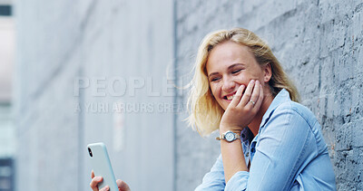 Buy stock photo Happy, phone and woman in city for online chatting, social media and internet post in town. Relax, street and person on cellphone laugh for message, text and contact on holiday, weekend and vacation
