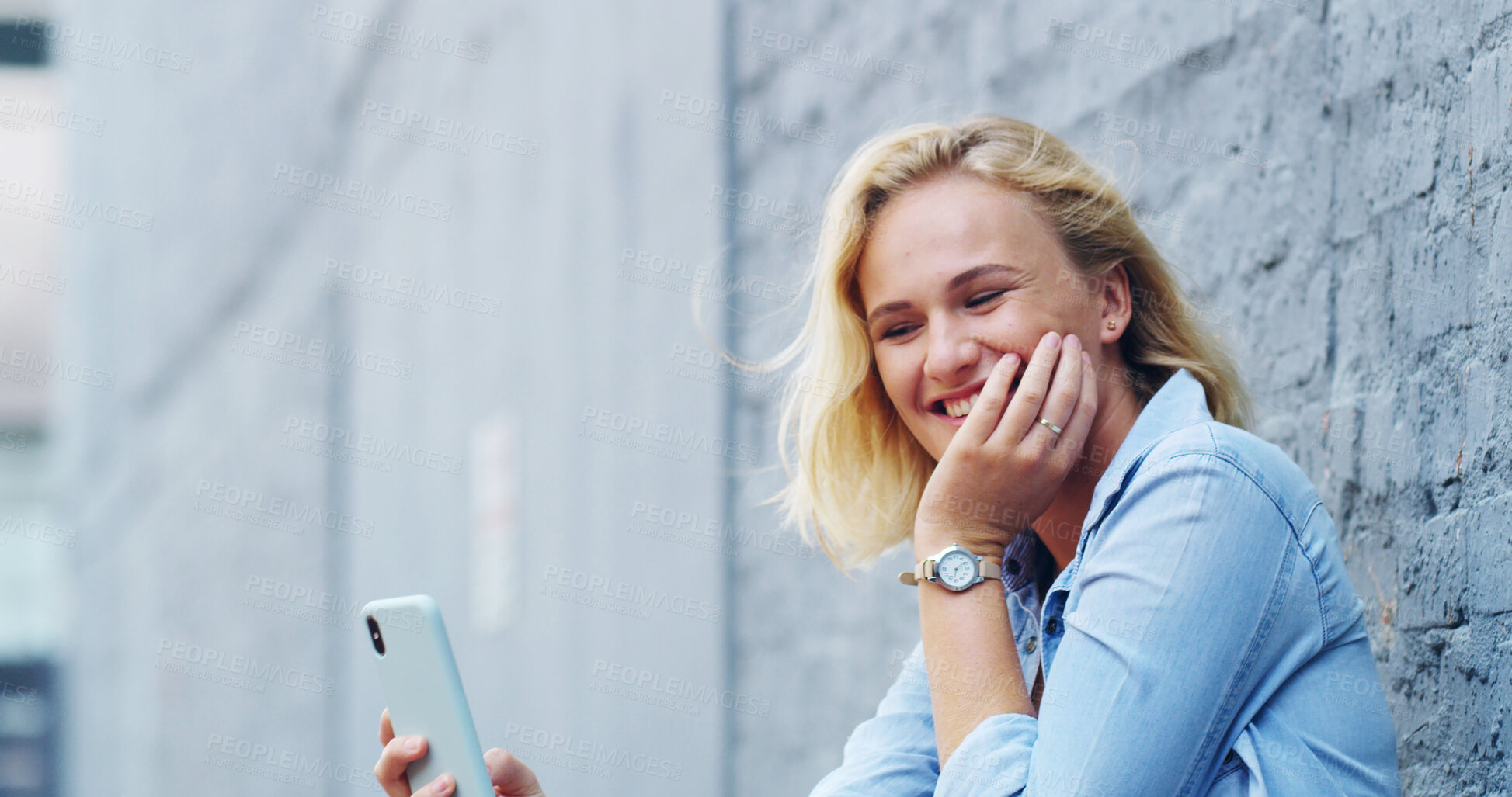 Buy stock photo Happy, phone and woman in city for online chatting, social media and internet post in town. Relax, street and person on cellphone laugh for message, text and contact on holiday, weekend and vacation