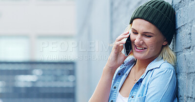 Buy stock photo Travel, phone call and woman in city for talking, connection and conversation on weekend. Relax, street and happy person on cellphone for online chatting, communication and contact in urban town