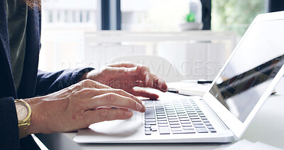 Buy stock photo Office, hands and business woman on laptop for online proposal, administration and project management. Corporate, professional and closeup of person on computer for research, website and planning