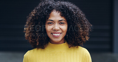 Buy stock photo Relax, student and portrait of girl in city for travel, adventure and explore town on weekend. Happy, smile and face of person on holiday and break for university, school and college outdoors
