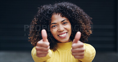 Buy stock photo Thumbs up, happy and portrait of woman in city with hand gesture for success, support and approval. Smile, urban town and person with emoji, sign and symbol for agreement, good news and okay outdoors