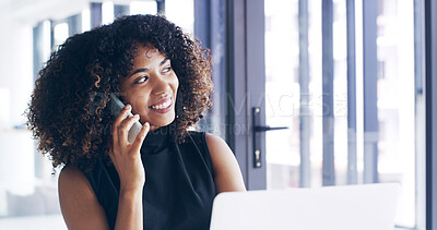 Buy stock photo Happy woman, laptop and thinking with phone call at office for business ambition, dream or discussion. Female person, employee or designer with smile on mobile smartphone for creative conversation