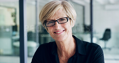 Buy stock photo Business, portrait and smile of mature woman in office for experience or management of company. Glasses, vision and we are hiring with happy human resources manager in professional workplace