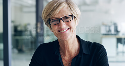 Buy stock photo Business, portrait and vision of mature woman in office for experience or management of company. Glasses, smile and we are hiring with happy human resources manager in professional workplace