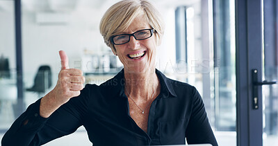Buy stock photo Mature, portrait or happy woman with thumbs up for business success, good job or well done at office. Female person, executive or employee with smile, like emoji or yes sign for feedback at workplace