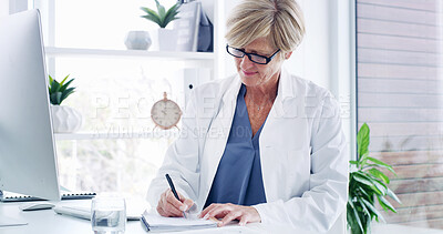 Buy stock photo Woman, doctor and writing with script for medical prescription, diagnosis or research at hospital. Mature, female person or health professional with documents or paperwork for clinic schedule or plan