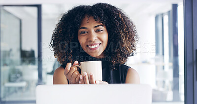 Buy stock photo Laptop, coffee and portrait of business woman for on break for career, administration and project management. Corporate, professional and person with drink online for research, website and planning