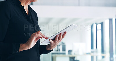 Buy stock photo Office, tablet and hands of business woman for online planning, financial review and research. Corporate, professional and worker on digital tech for finance report, investment and market update