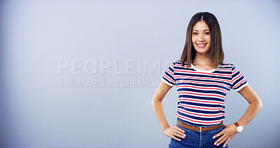 Buy stock photo Mockup, portrait and smile with woman student in studio for education, learning or university study. College, hands on hip and space with happy person on gray background for development or future