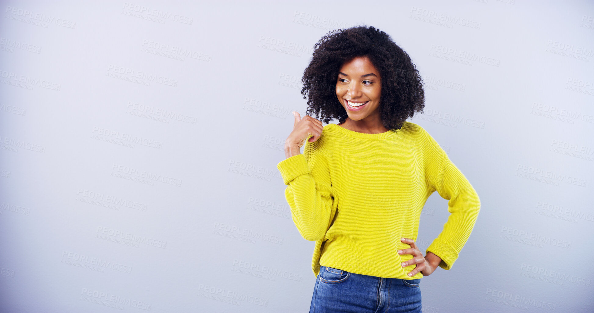 Buy stock photo Smile, woman and student for pointing in studio of college announcement, scholarship news or sign up. African, female person and mockup space of education steps, information guide and blue background