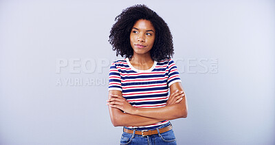 Buy stock photo Student, thinking and arms crossed with woman in studio for education, reflection and college choice. Future, mockup space, learning with African person on white background for University and school 
