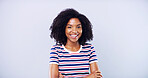 Arms crossed, mockup and portrait of black woman student in studio for education, learning or university study. College, smile and space with happy person on gray background for development or future