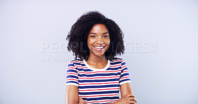 Buy stock photo Arms crossed, mockup and portrait of black woman student in studio for education, learning or university study. College, smile and space with happy person on gray background for development or future