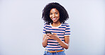 Woman, portrait and internet on phone in studio for social media or online dating, sign up and mockup. Student person, cellphone and excited for contact, results or match success on gray background