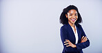 Business, woman and arms crossed for portrait in studio with smile for accounting, career and confidence. African accountant, gray background and happy for corporate job, mockup space and promotion