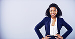 Business, woman and confidence for portrait in studio with smile for accounting, career and advertising. African accountant, gray background and happy for corporate job, mockup space and promotion