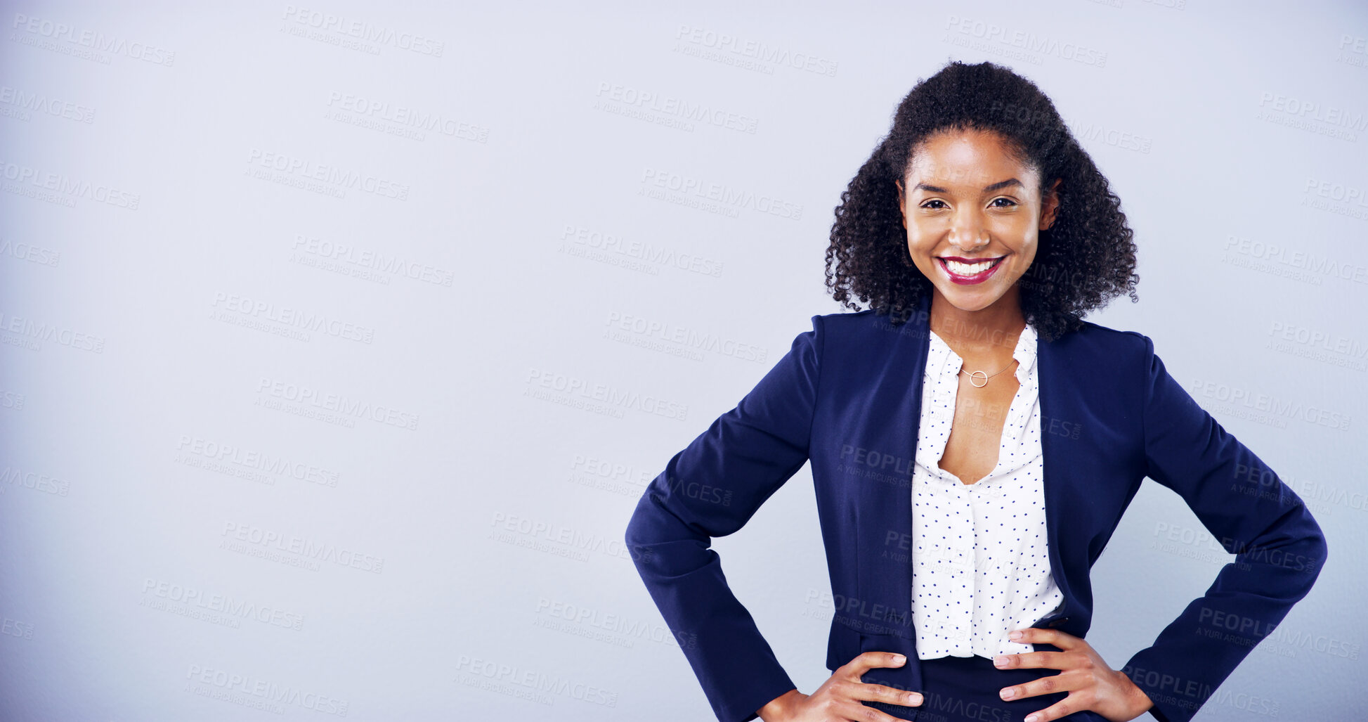 Buy stock photo Business, woman and confidence for portrait in studio with smile for accounting, career and advertising. African accountant, gray background and happy for corporate job, mockup space and promotion