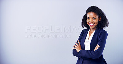 Buy stock photo Business woman, happy and arms crossed for portrait in studio for accounting, career and confidence. African accountant, gray background and smile for corporate job, mockup space and promotion