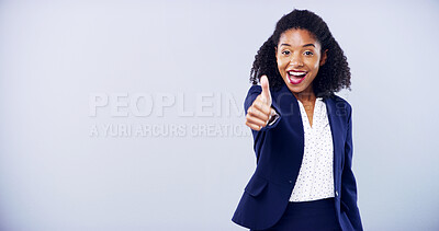 Buy stock photo Smile, portrait and business woman with thumbs up in studio with approval gesture on gray background. Happy, accountant and African model with promotion, support and agreement for career mockup space