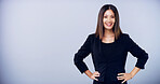 Business woman, portrait and space in studio with smile, confidence and mockup by background. Person, lawyer or attorney with job, excited and consultant career at corporate law firm in Colombia