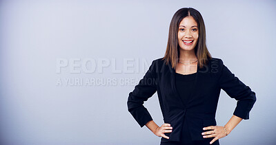 Buy stock photo Business woman, portrait and space in studio with smile, confidence and mockup by background. Person, lawyer or attorney with job, excited and consultant career at corporate law firm in Colombia