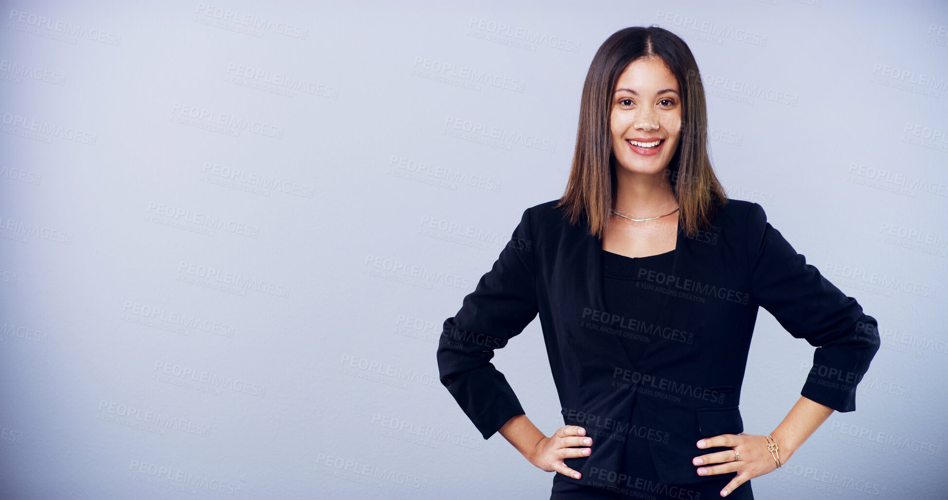 Buy stock photo Business woman, portrait and space in studio with smile, confidence and mockup by background. Person, lawyer or attorney with job, excited and consultant career at corporate law firm in Colombia